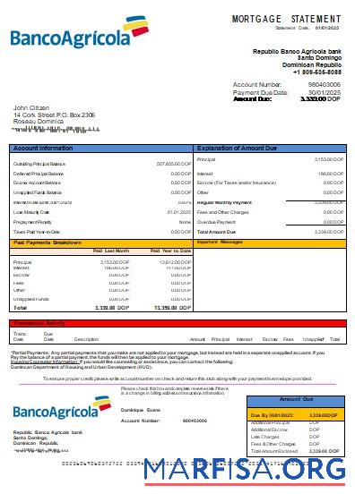 Realistic Dominican Republic Banco Agricola bank mortgage statement scr download for verification